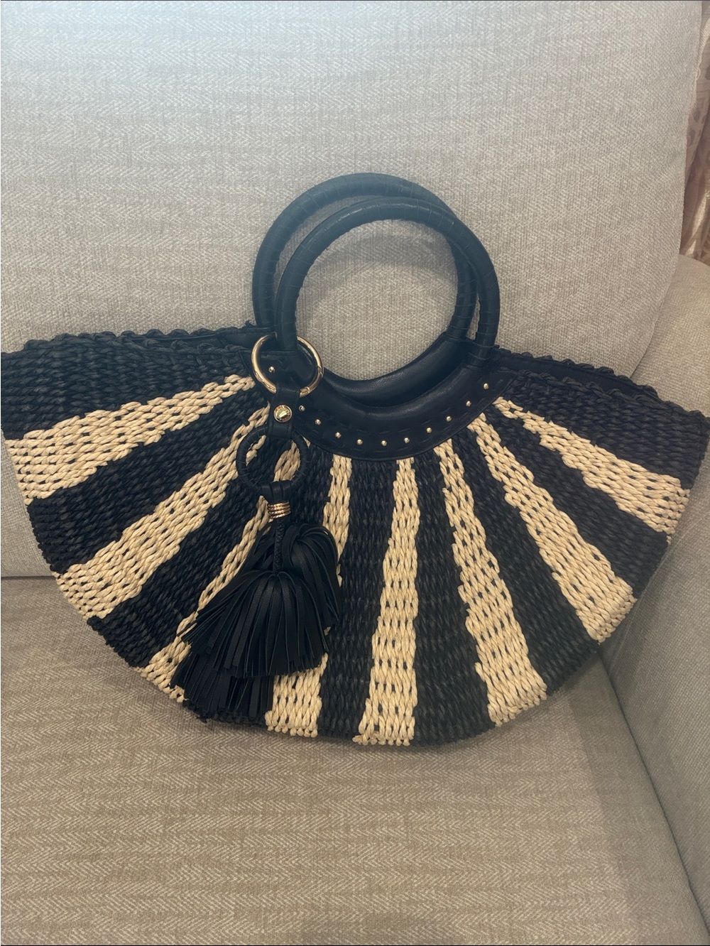 Black & Natural Two-Tone Straw Tote with Round Handles henri bendel